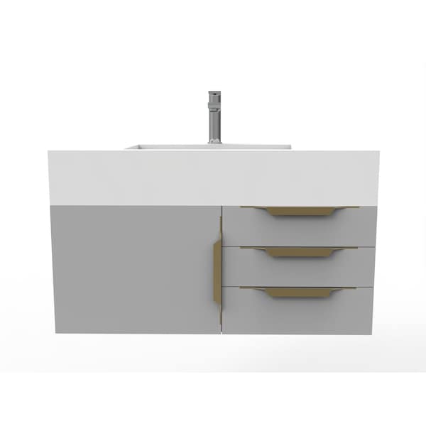 Castello Usa Nile 36" Wall Mounted Gray Vanity With White Top AndAnd Gold Handles CB-MC-36G-GLD-2053-WH - main